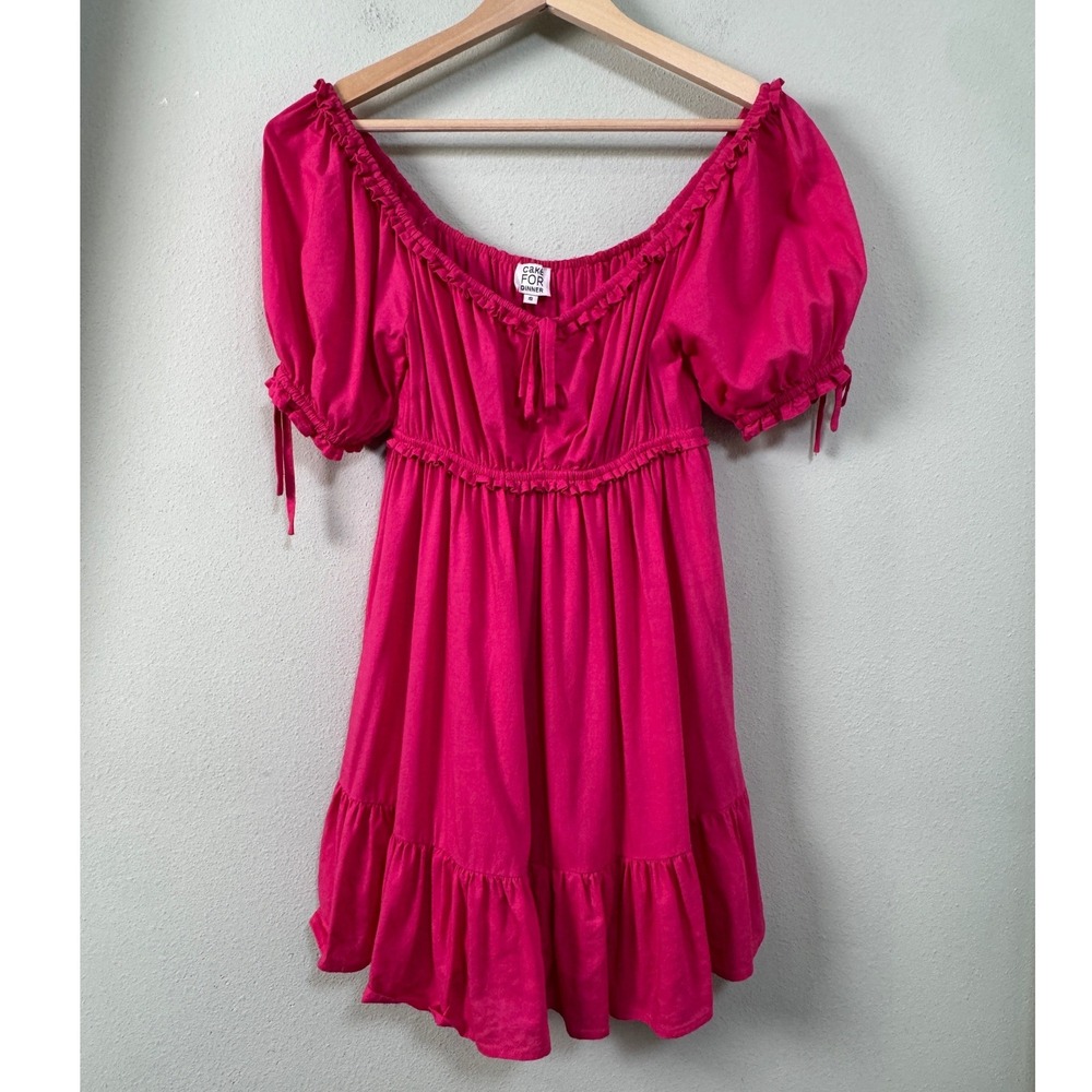 Cake For Dinner Caraway Dress Pink Linen Blend Puff Sleeve Ruffle Mini Dress S